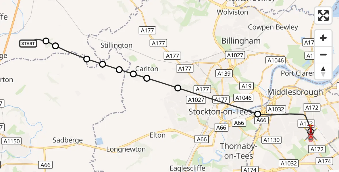 Flight route Air Ambulance Helicopter Preston le Skerne - James Cook University Hospital, 30 September 2026, 12:03