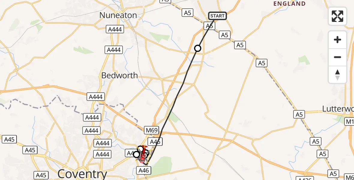 Flight route Air Ambulance Helicopter Stretton Baskerville - University Hospital Coventry, 30 September 2026, 12:32