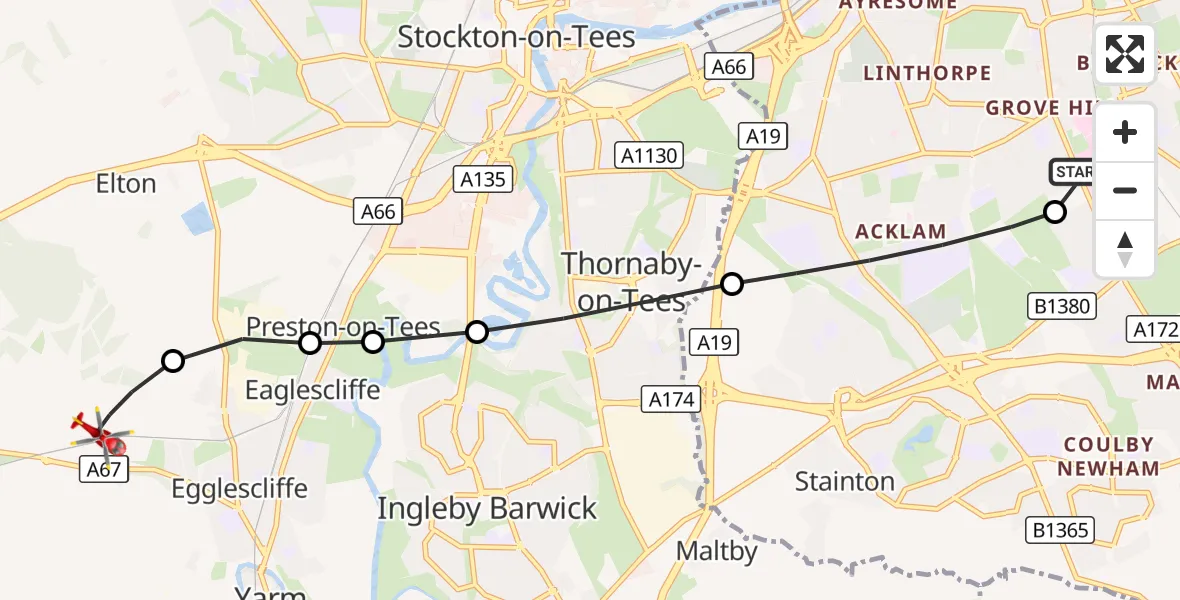 Flight route Air Ambulance Helicopter James Cook University Hospital - Egglescliffe, 30 September 2026, 12:34
