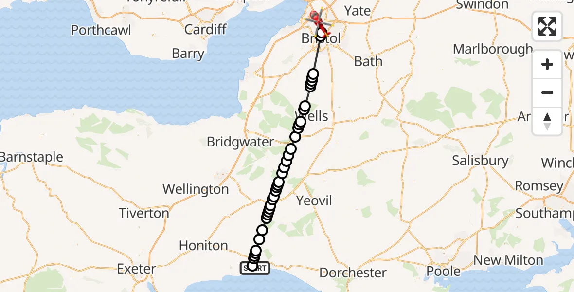 Flight route Air Ambulance Helicopter Lyme Regis - Bristol, 30 September 2026, 12:58
