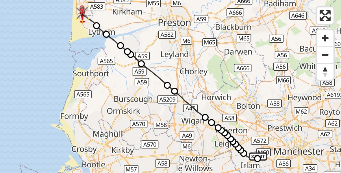 Flight route Air Ambulance Helicopter Manchester Barton Aerodrome - Blackpool Airport, 30 September 2026, 13:02