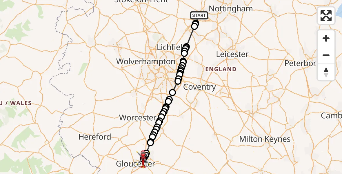 Flight route Air Ambulance Helicopter Royal Derby Trauma Unit - Gloucestershire Airport, 30 September 2026, 13:08
