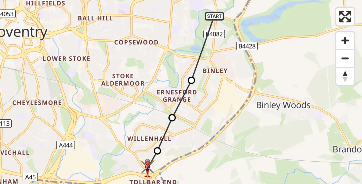 Flight route Air Ambulance Helicopter Binley - Rugby, 30 September 2026, 13:18