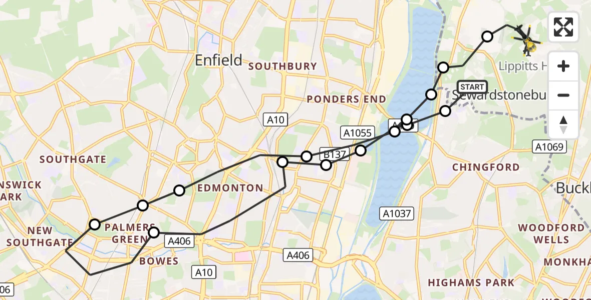 Flight route Police Helicopter Chingford - Sewardstonebury, 30 September 2026, 13:38