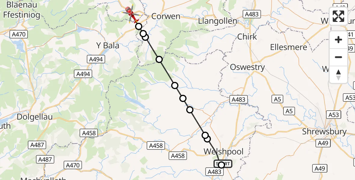 Flight route Air Ambulance Helicopter Welshpool Airport - Dinmael, 30 September 2026, 13:41