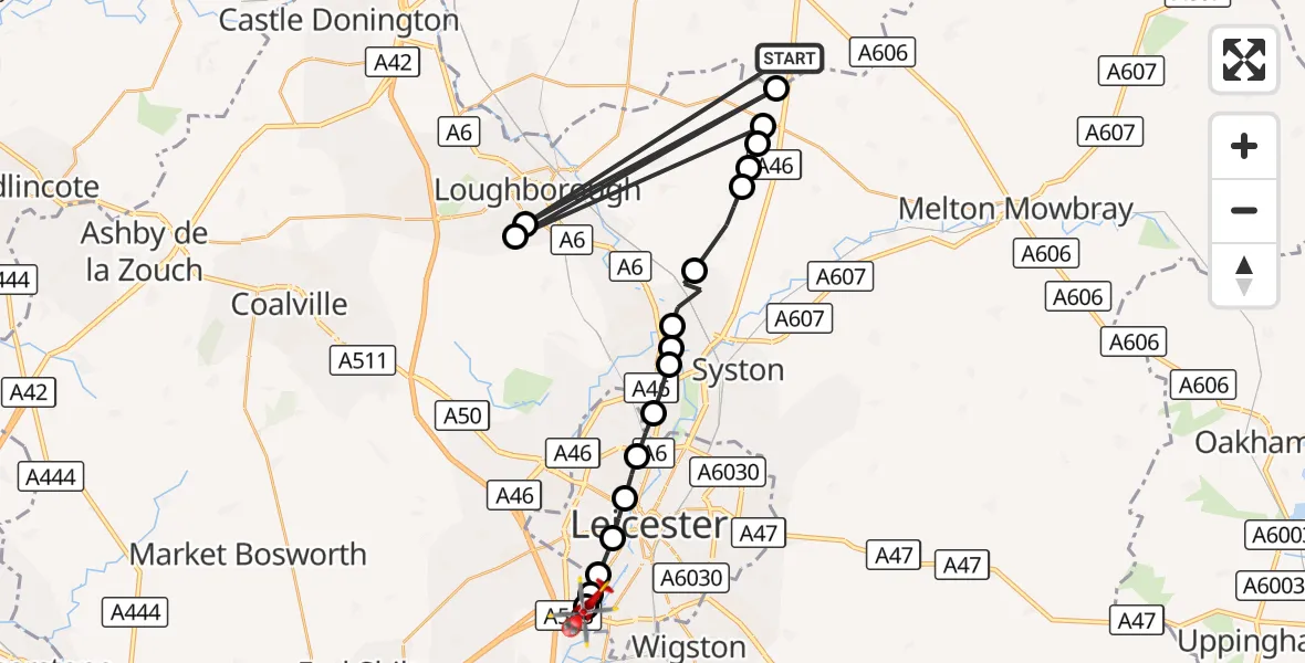 Flight route Air Ambulance Helicopter Willoughby on the Wolds - Blaby, 30 September 2026, 13:46