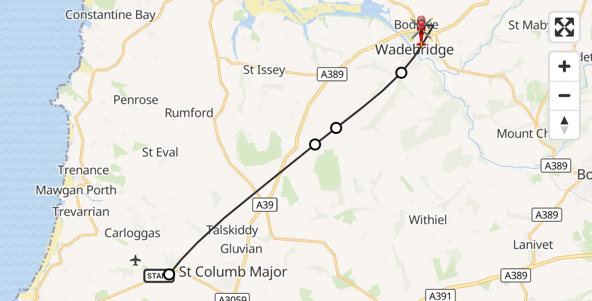 Flight route Air Ambulance Helicopter Cornwall Airport Newquay - Wadebridge, 30 September 2026, 13:53