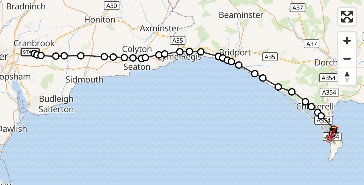 Flight route Air Ambulance Helicopter Exeter International Airport - RNAS Portland Heliport, 30 September 2026, 13:56