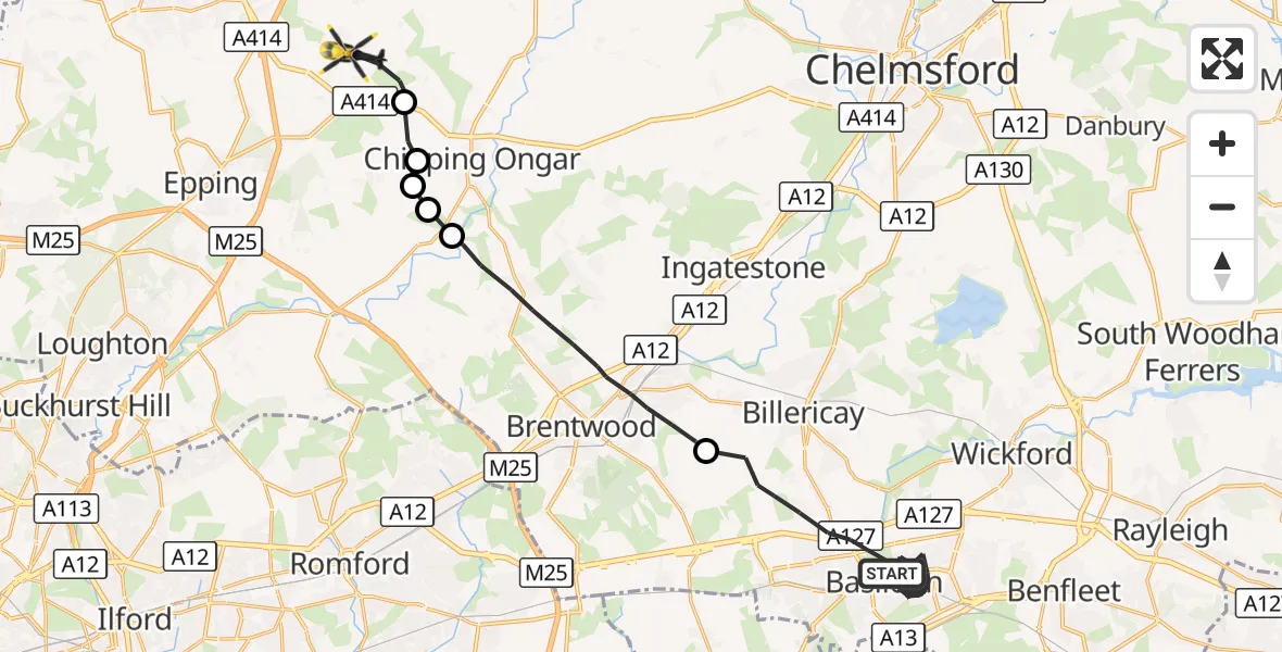 Flight route Police Helicopter Basildon - Epping Forest, 30 September 2026, 14:00