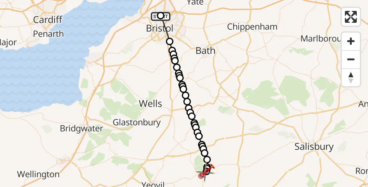 Flight route Air Ambulance Helicopter Southmead Hospital - Henstridge Airfield, 30 September 2026, 14:19