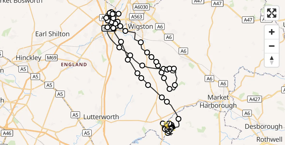 Flight route Police Helicopter Blaby - Husbands Bosworth Airfield, 30 September 2026, 14:20