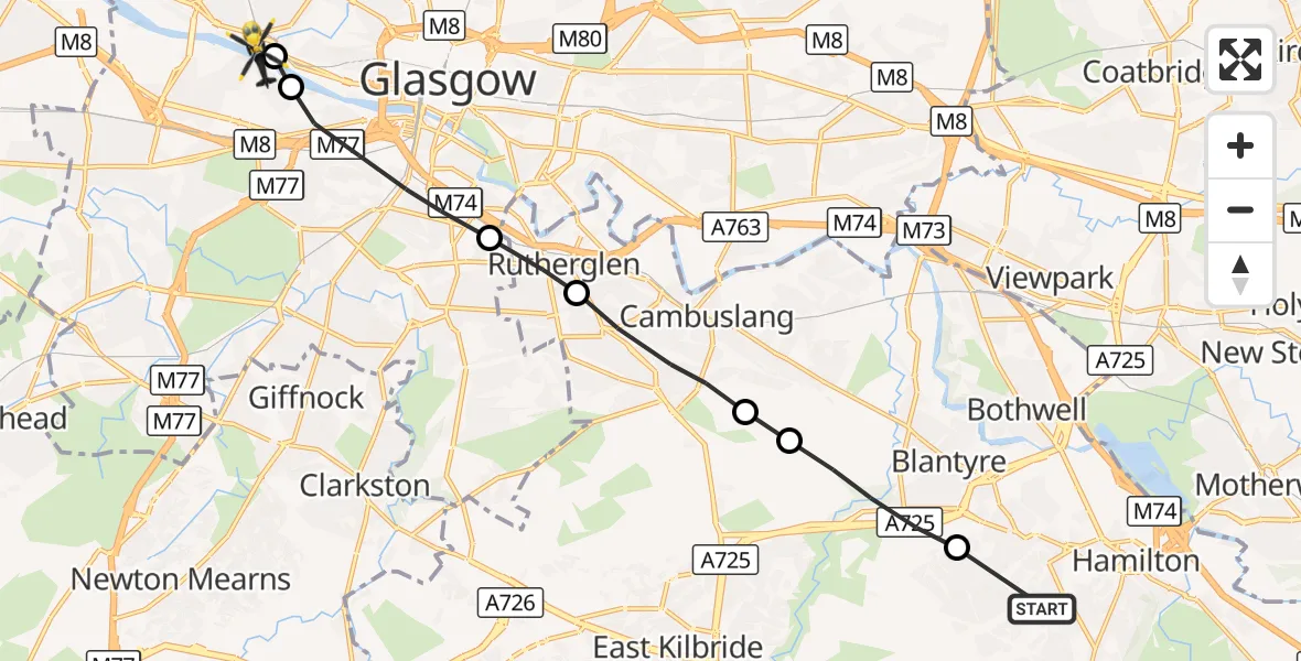 Flight route Police Helicopter Hamilton - Glasgow, 30 September 2026, 14:21