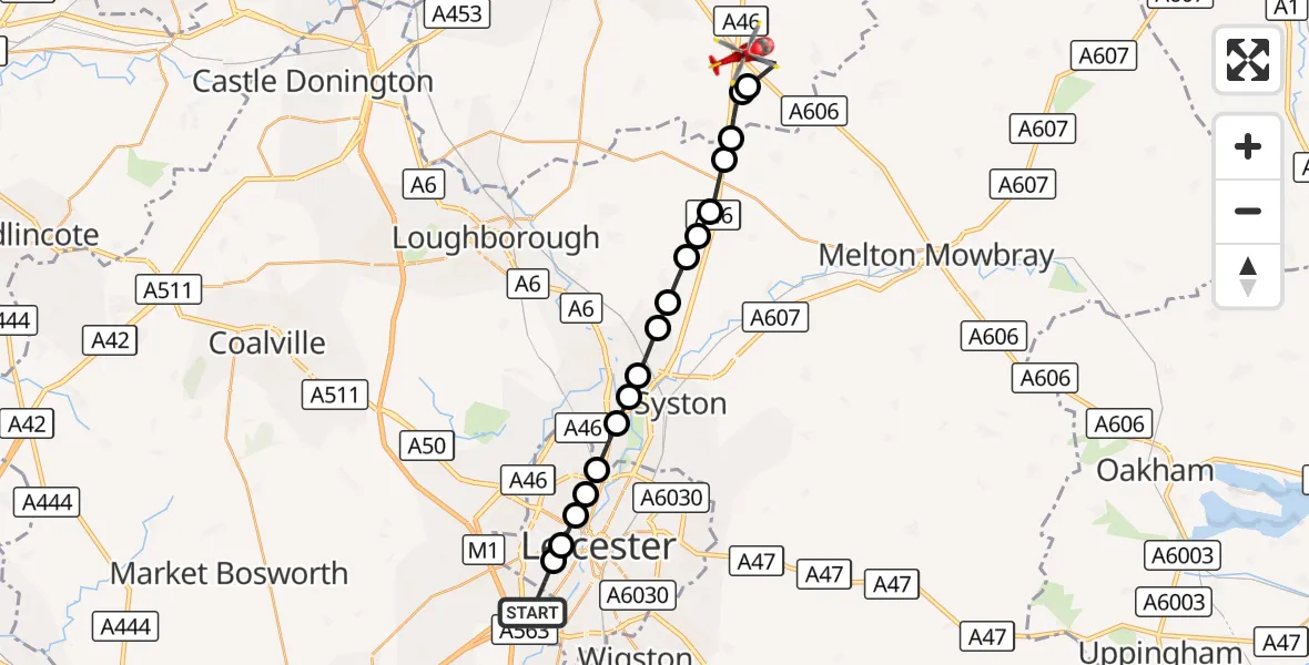 Flight route Air Ambulance Helicopter Braunstone Town - Widmerpool, 30 September 2026, 14:42
