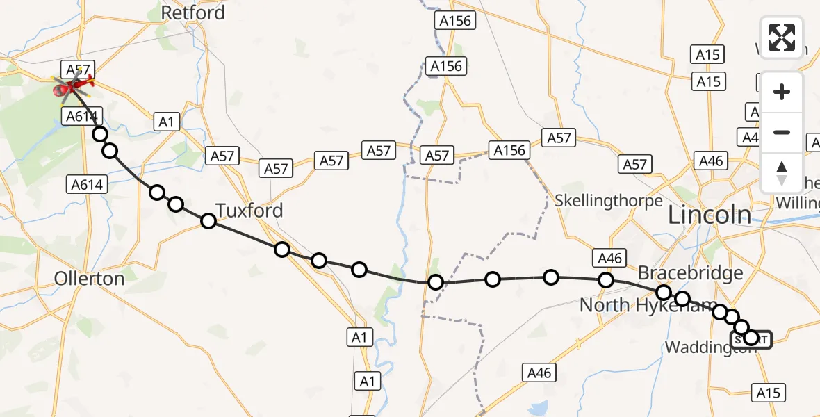 Flight route Air Ambulance Helicopter RAF Waddington - Bassetlaw, 30 September 2026, 14:46