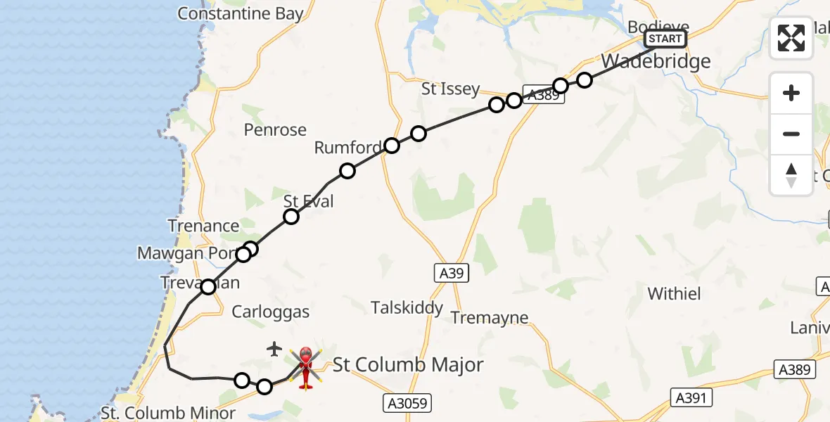 Flight route Air Ambulance Helicopter Wadebridge - Cornwall Airport Newquay, 30 September 2026, 14:51