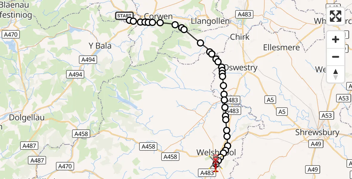Flight route Air Ambulance Helicopter Dinmael - Welshpool Airport, 30 September 2026, 15:01
