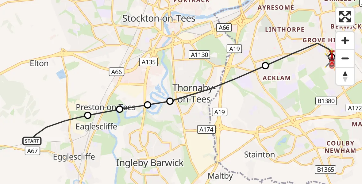 Flight route Air Ambulance Helicopter Egglescliffe - James Cook University Hospital, 30 September 2026, 15:09