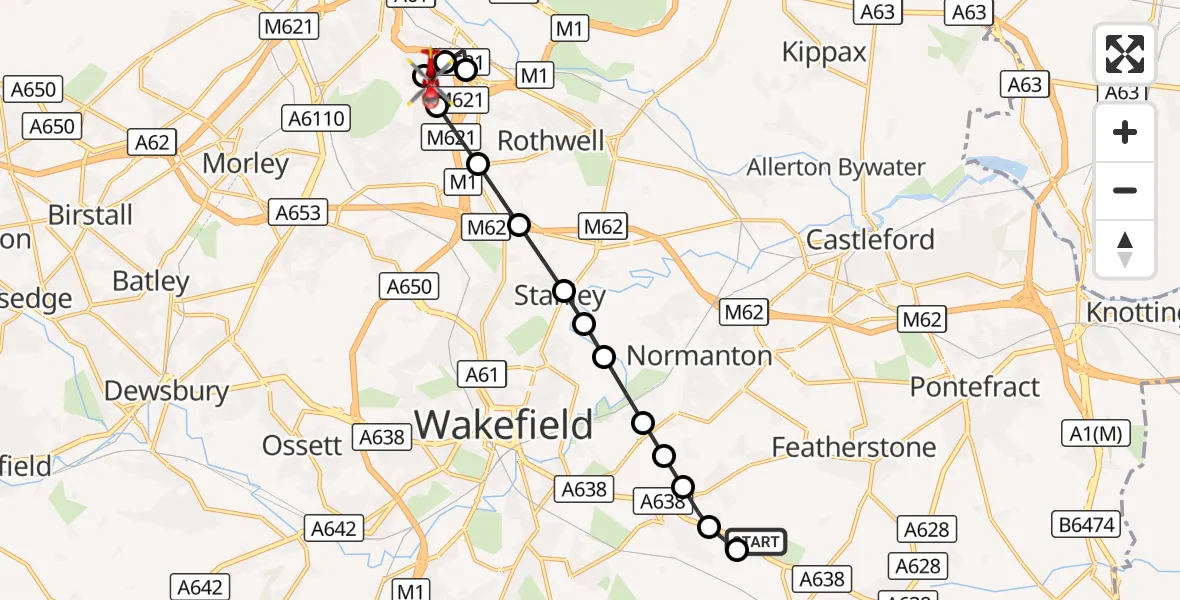 Flight route Air Ambulance Helicopter YAA Nostell Helicopter Port - Hunslet, 30 September 2026, 15:19
