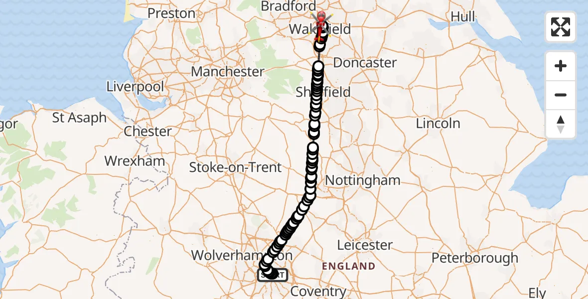 Flight route Air Ambulance Helicopter Nechells - Stanley, 30 September 2026, 15:29