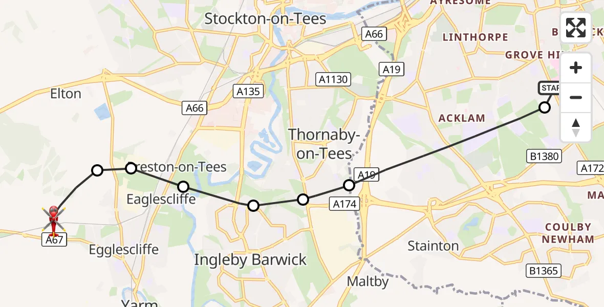 Flight route Air Ambulance Helicopter James Cook University Hospital - Egglescliffe, 30 September 2026, 15:31