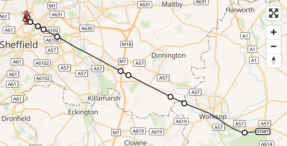 Flight route Air Ambulance Helicopter Bassetlaw - Sheffield Northern Hospital, 30 September 2026, 15:40