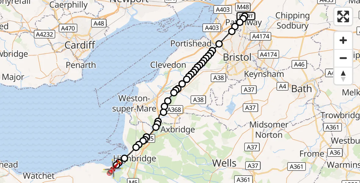 Flight route Air Ambulance Helicopter Almondsbury Helicopter Base - Stogursey, 30 September 2026, 15:53