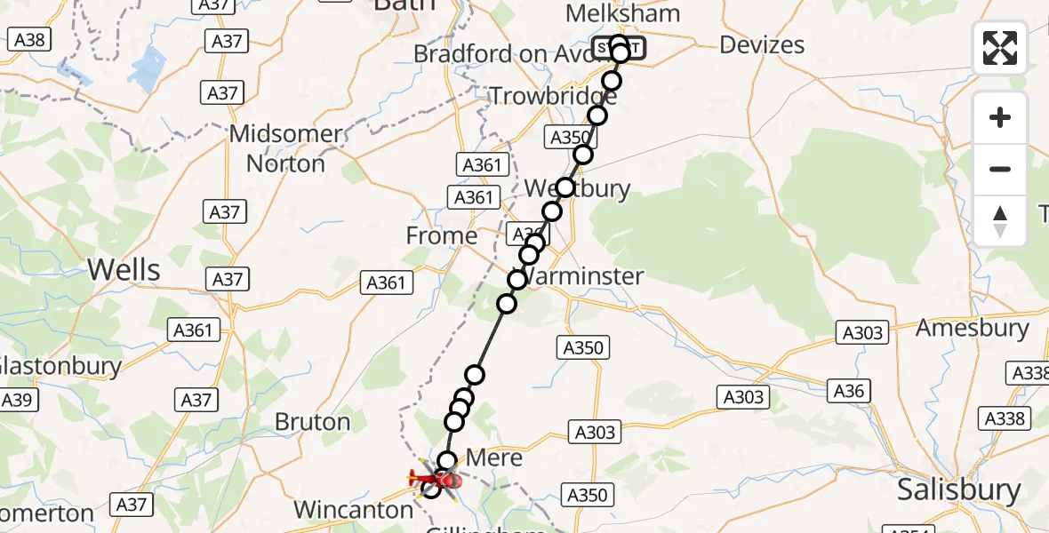 Flight route Air Ambulance Helicopter Wiltshire Air Ambulance - Bourton, 30 September 2026, 15:57
