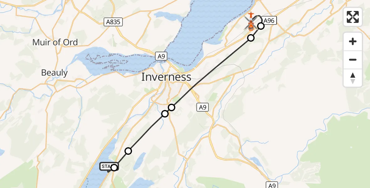 Flight route Coastguard Helicopter Loch Ness - Inverness Airport, 30 September 2026, 15:58