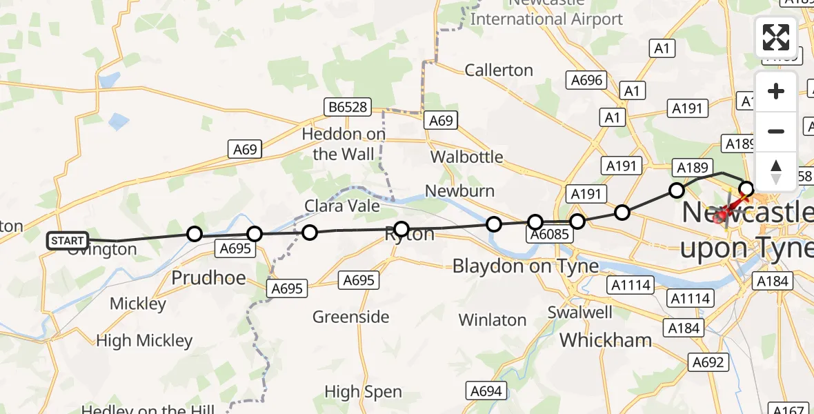 Flight route Air Ambulance Helicopter Ovington - Newcastle Royal Victoria Infirmary, 30 September 2026, 16:03
