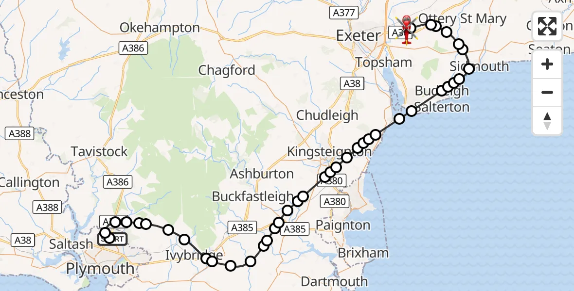 Flight route Air Ambulance Helicopter Derriford Hospital - Exeter International Airport, 30 September 2026, 16:17