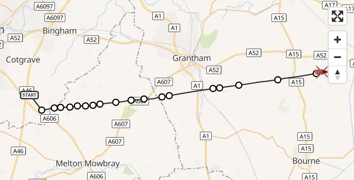 Flight route Air Ambulance Helicopter Kinoulton - Billingborough, 30 September 2026, 16:24