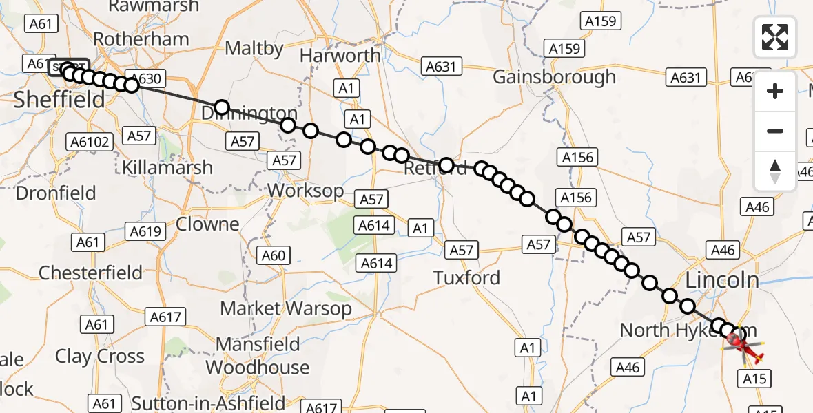 Flight route Air Ambulance Helicopter Sheffield Northern Hospital - North Kesteven, 30 September 2026, 16:27