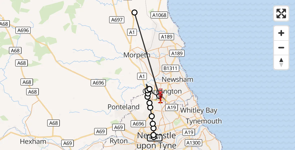Flight route Air Ambulance Helicopter Newcastle Royal Victoria Infirmary - Cramlington, 30 September 2026, 16:34