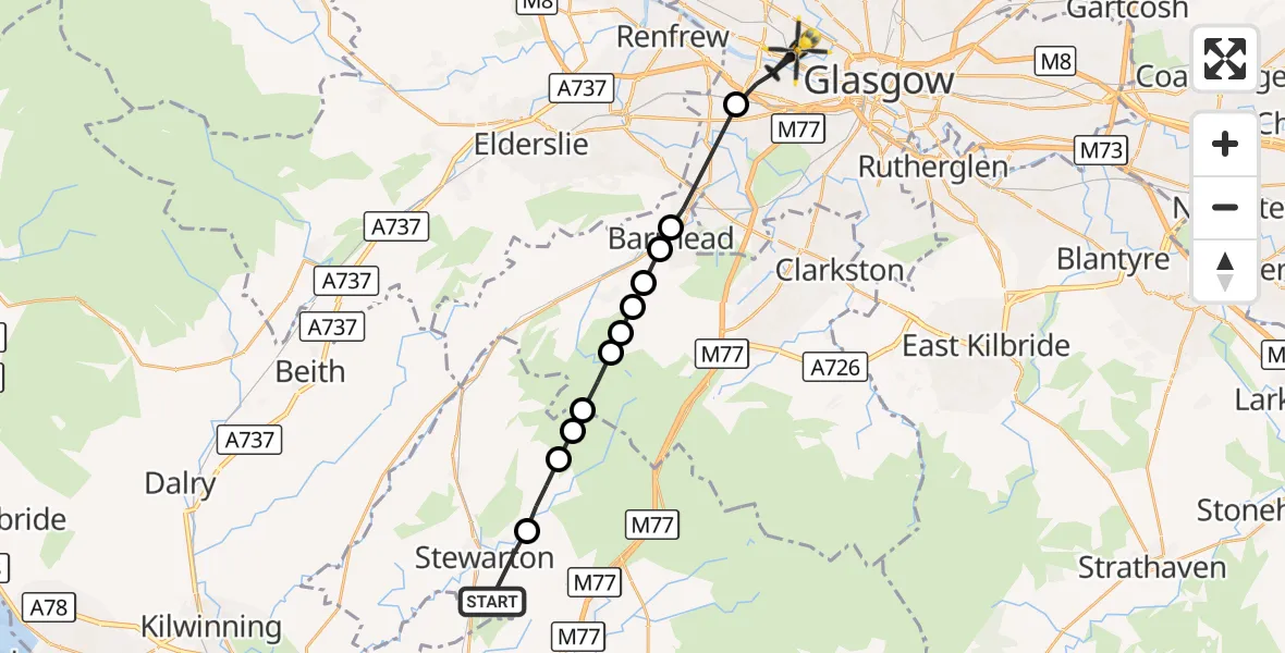 Flight route Police Helicopter Stewarton - Glasgow, 30 September 2026, 16:37