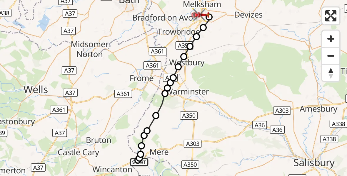 Flight route Air Ambulance Helicopter Bourton - Wiltshire Air Ambulance, 30 September 2026, 16:37