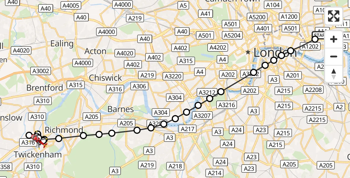 Flight route Air Ambulance Helicopter Royal London Hospital - St Margarets, 30 September 2026, 16:41