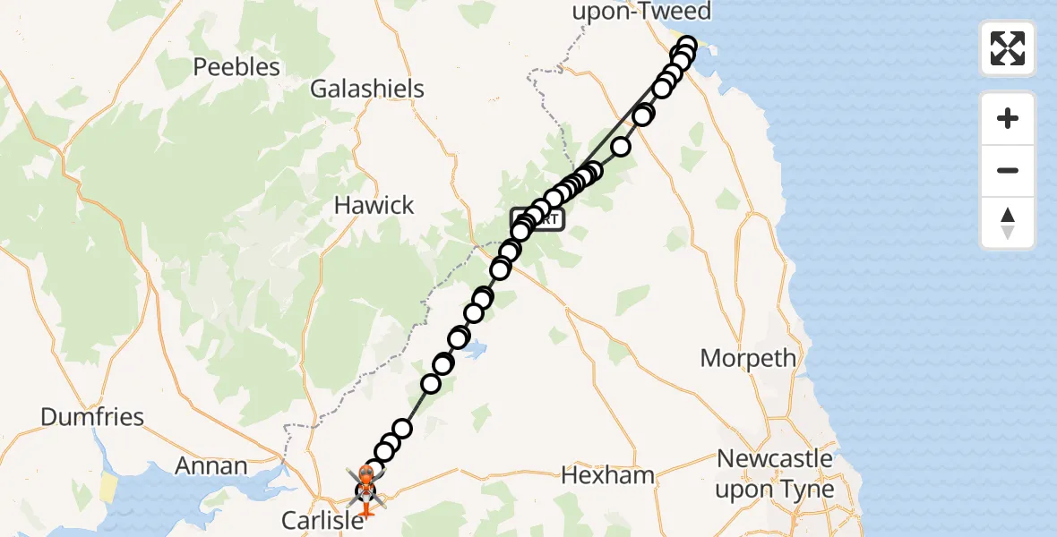 Flight route Coastguard Helicopter Alwinton - Carlisle Lake District Airport, 30 September 2026, 16:43
