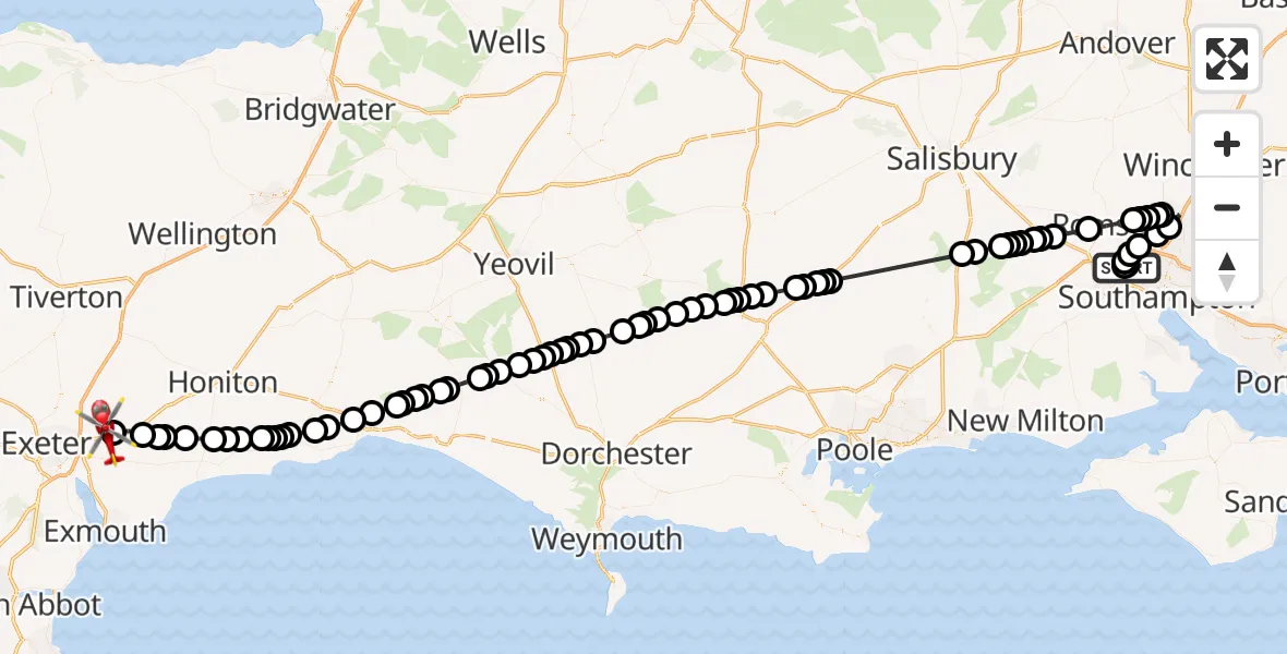 Flight route Air Ambulance Helicopter Lordshill - Exeter International Airport, 30 September 2026, 16:44