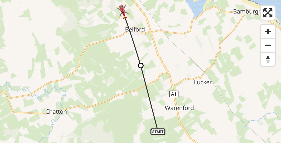 Flight route Air Ambulance Helicopter Adderstone with Lucker - Middleton, 30 September 2026, 16:48