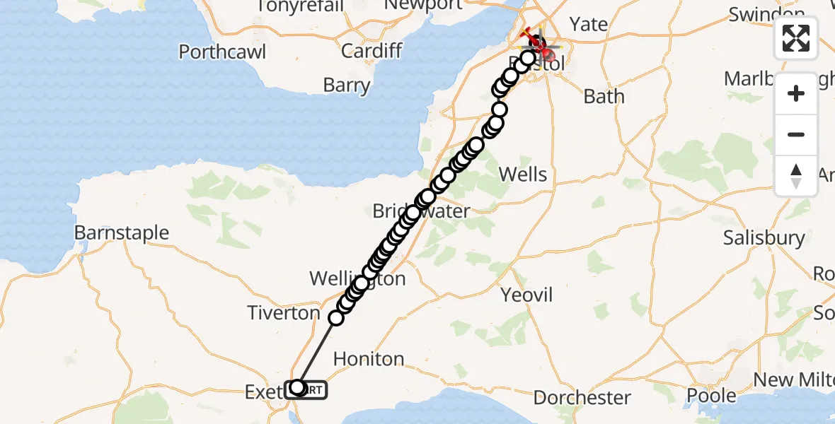 Flight route Air Ambulance Helicopter Exeter International Airport - Bristol, 30 September 2026, 16:54