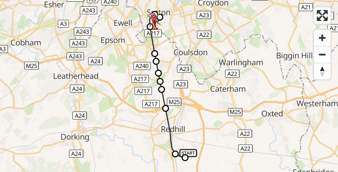 Flight route Air Ambulance Helicopter Redhill Aerodrome - Carshalton Beeches, 30 September 2026, 17:14