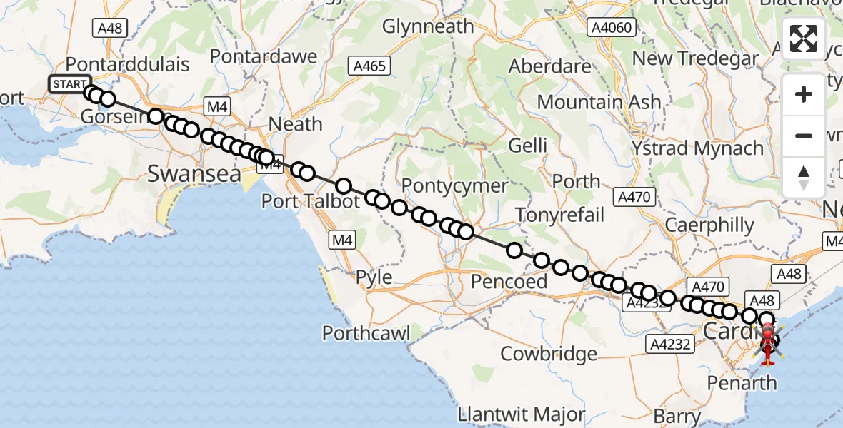 Flight route Air Ambulance Helicopter Dafen - Cardiff Heliport, 30 September 2026, 17:15