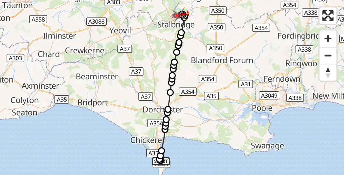 Flight route Air Ambulance Helicopter RNAS Portland Heliport - Henstridge Airfield, 30 September 2026, 17:18