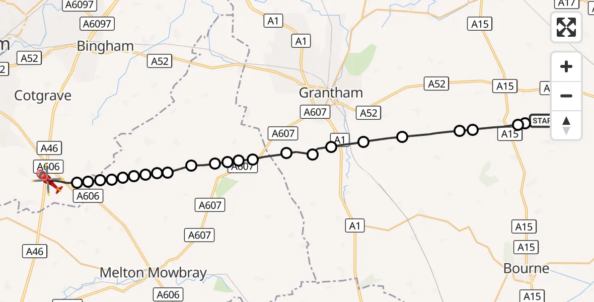 Flight route Air Ambulance Helicopter Billingborough - Nottingham Heliport, 30 September 2026, 17:24