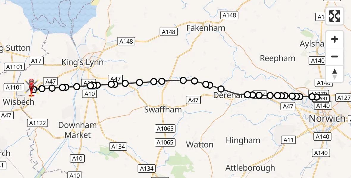 Flight route Air Ambulance Helicopter Norwich Airport - West Walton, 30 September 2026, 17:25