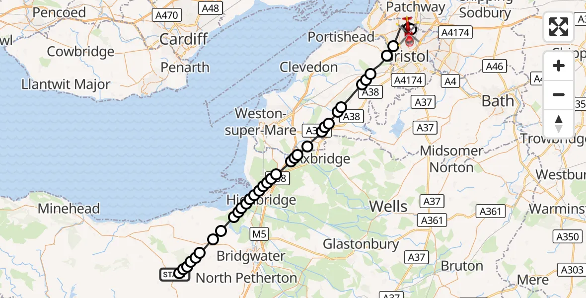 Flight route Air Ambulance Helicopter West Bagborough - Bristol, 30 September 2026, 17:25