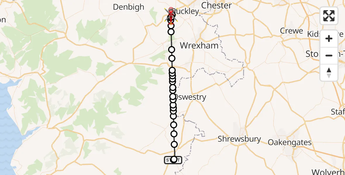 Flight route Air Ambulance Helicopter Welshpool Airport - Gwernymynydd, 30 September 2026, 17:25
