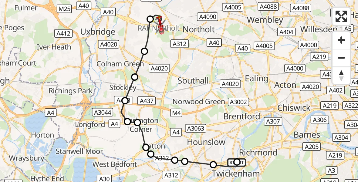 Flight route Air Ambulance Helicopter St Margarets - RAF Northolt, 30 September 2026, 17:28