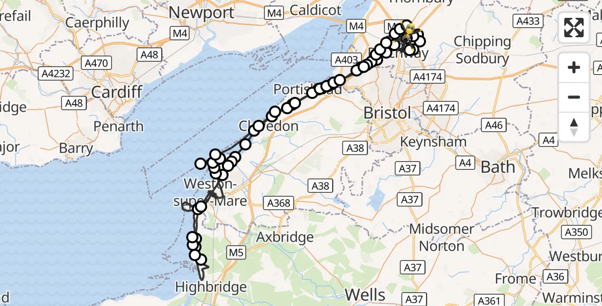 Flight route Police Helicopter Almondsbury - Almondsbury Helicopter Base, 30 September 2026, 17:34
