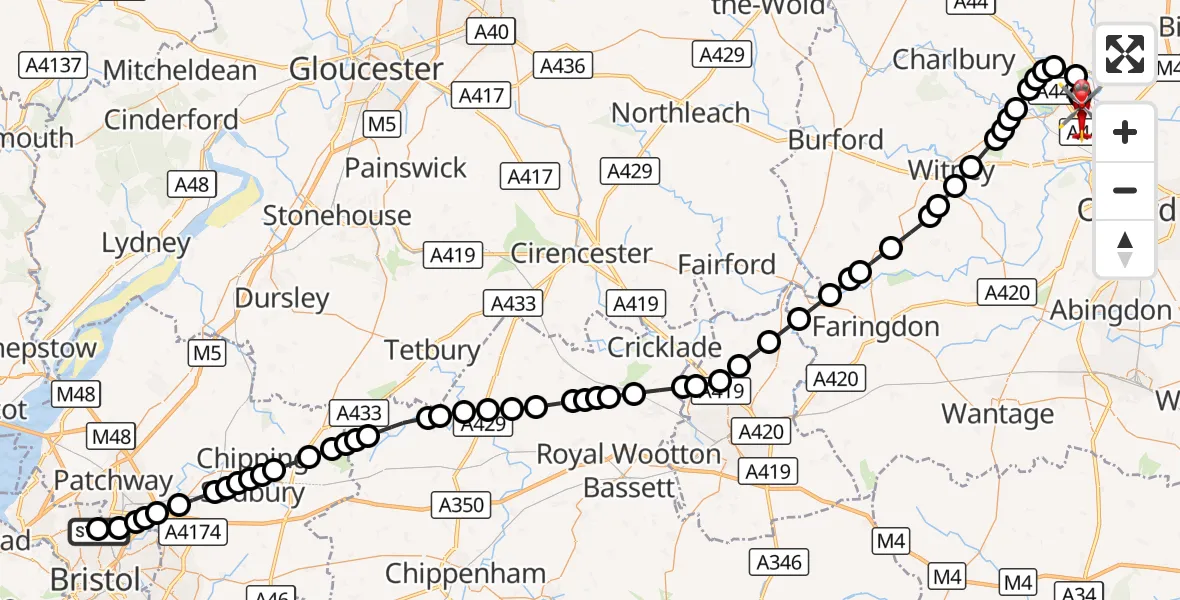 Flight route Air Ambulance Helicopter Southmead Hospital - London Oxford Airport, 30 September 2026, 17:38